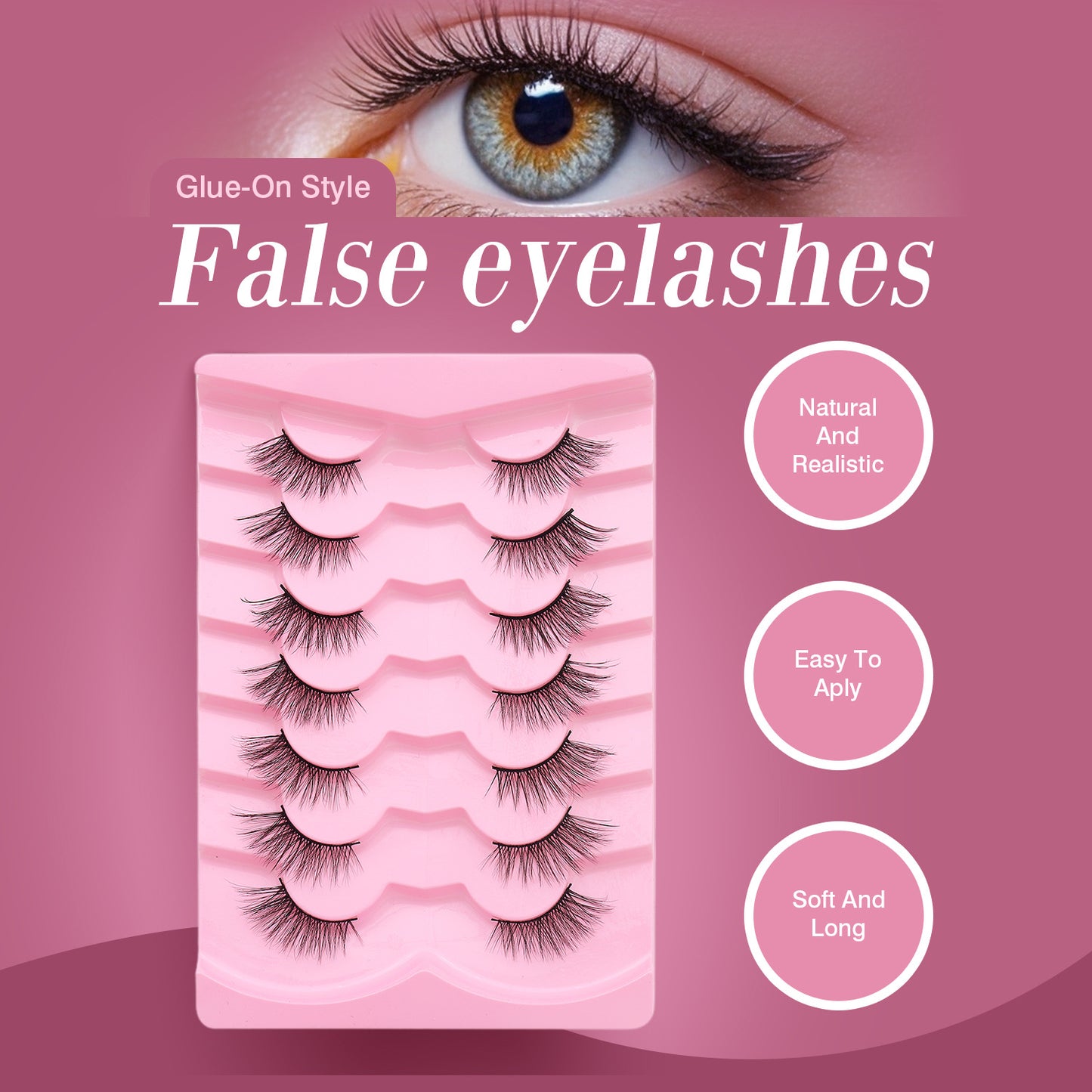 7 Pairs Natural Cat-Eye Half Lashes – Wispy & Fluffy with Invisible Clear Band (6-13mm)